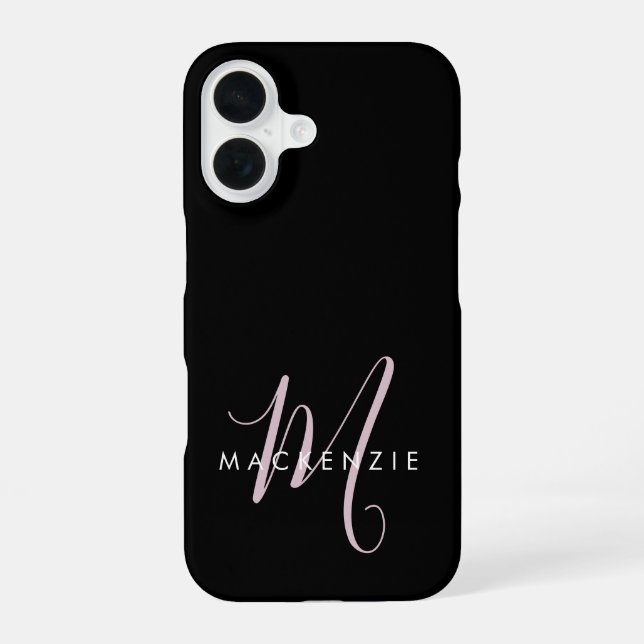 Elegant Modern Black Blush Pink Script Monogram iPhone 16 Case (Back)