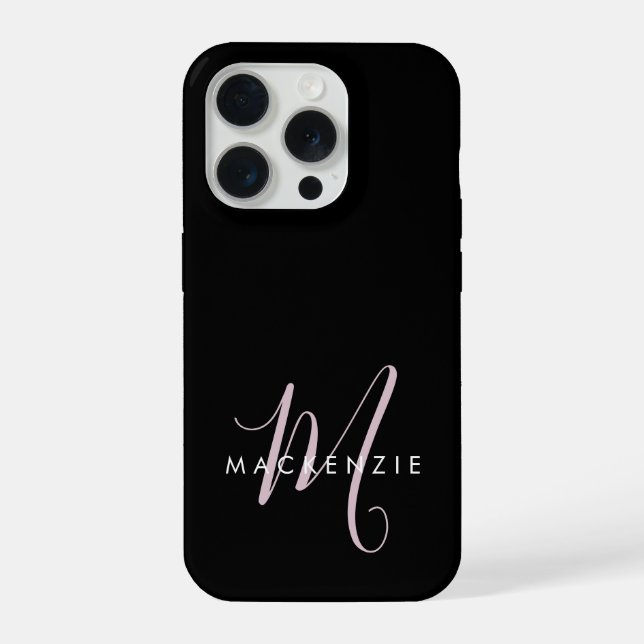 Elegant Modern Black Blush Pink Script Monogram iPhone Case (Back)