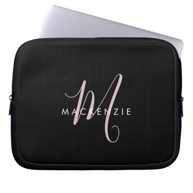 Elegant Modern Black Blush Pink Script Monogram Laptop Sleeve (Front)