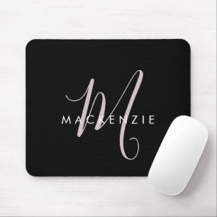 Elegant Modern Black Blush Pink Script Monogram Mouse Mat