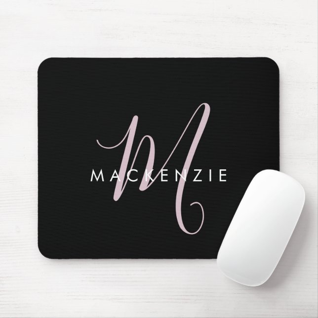 Elegant Modern Black Blush Pink Script Monogram Mouse Mat (With Mouse)