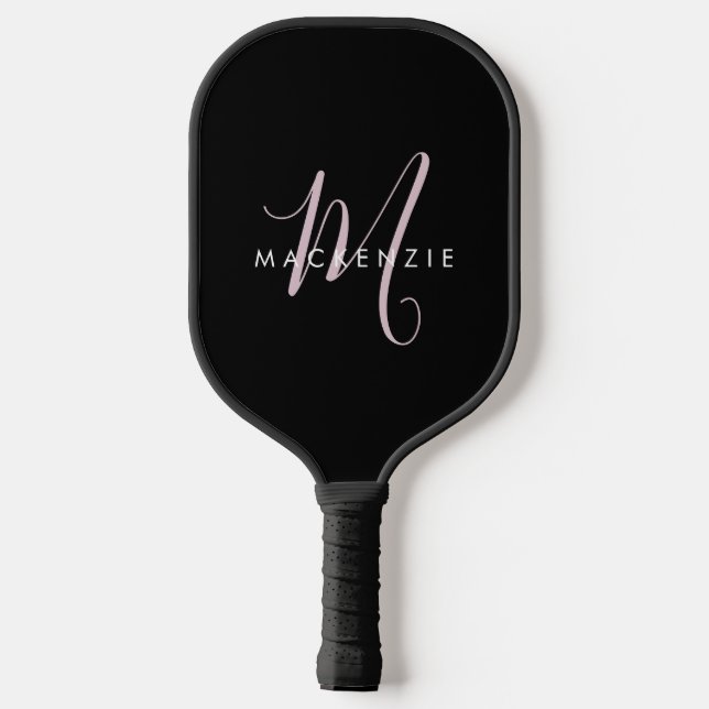 Elegant Modern Black Blush Pink Script Monogram Pickleball Paddle (Back)