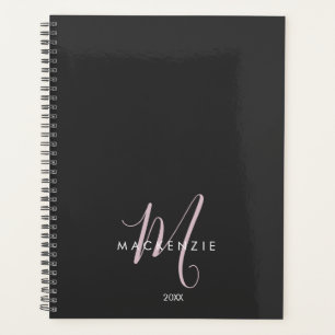 Elegant Modern Black Blush Pink Script Monogram Planner