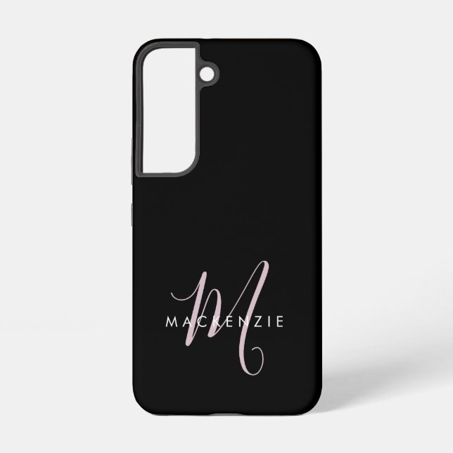 Elegant Modern Black Blush Pink Script Monogram Samsung Galaxy S22 Case (Back)