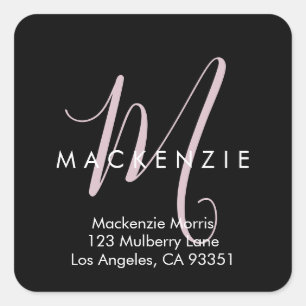 Elegant Modern Black Blush Pink Script Monogram Square Sticker