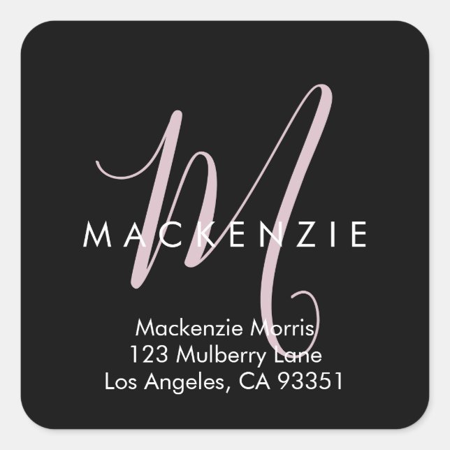 Elegant Modern Black Blush Pink Script Monogram Square Sticker (Front)