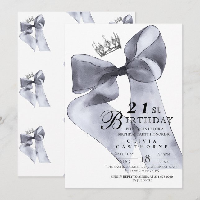 Elegant Modern Black Bow Birthday Party  Invitation (Front/Back)