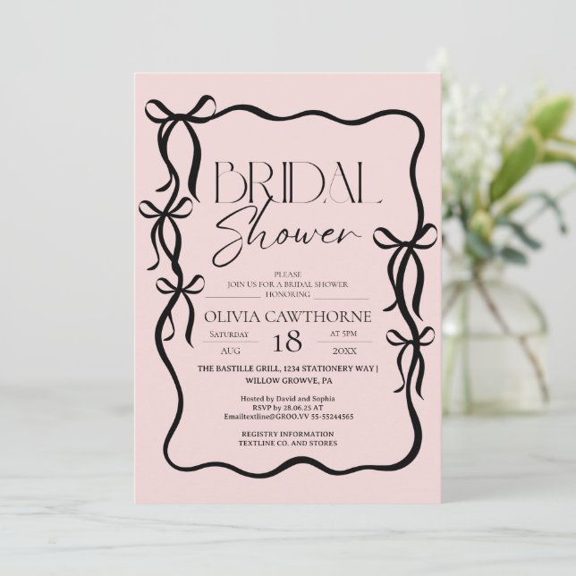  Elegant Modern Black Bow Bridal Shower Invitation (Standing Front)