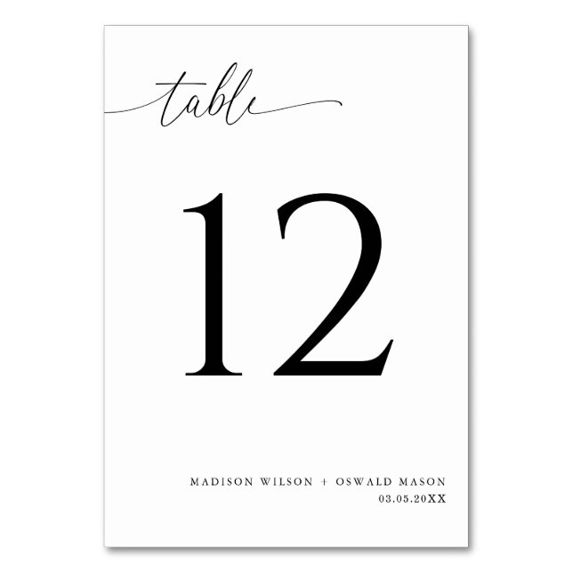 Elegant Modern Black Calligraphy Wedding 12 Table Number (Front)