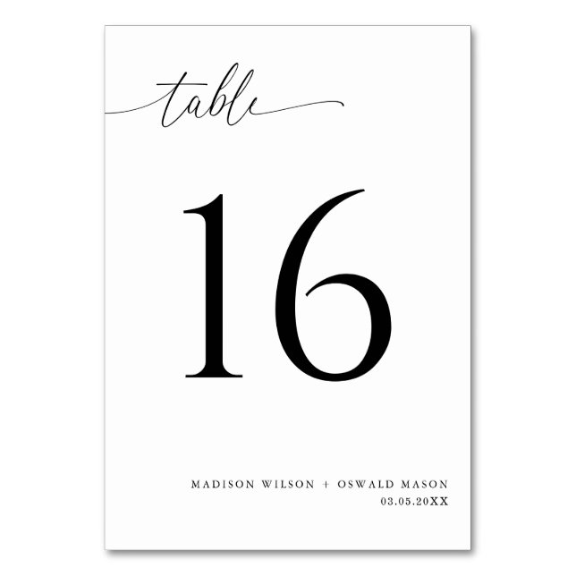Elegant Modern Black Calligraphy Wedding 16 Table Number (Front)