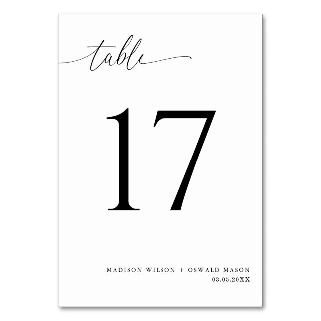 Elegant Modern Black Calligraphy Wedding 17 Table Number (Front)