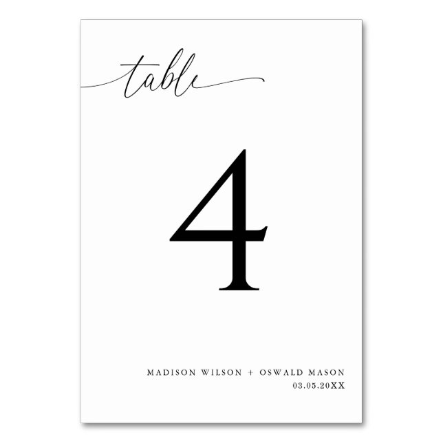 Elegant Modern Black Calligraphy Wedding 4 Table Number (Front)