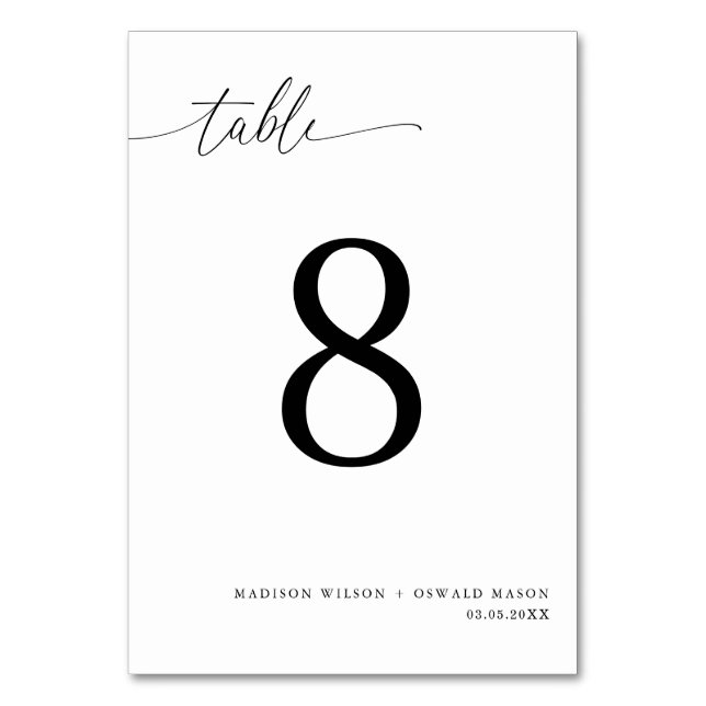 Elegant Modern Black Calligraphy Wedding 8 Table Number (Front)