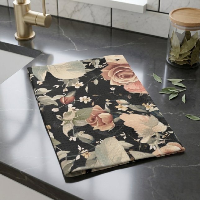 Elegant Modern Black Floral Pattern Tea Towel (Creator Uploaded)