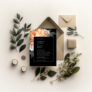 Elegant, Modern,Black Floral Peony, Roses Wedding Invitation