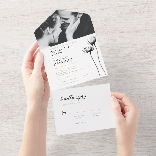 Elegant Modern Black Floral Photo Wedding RSVP All In One Invitation (Tearaway)