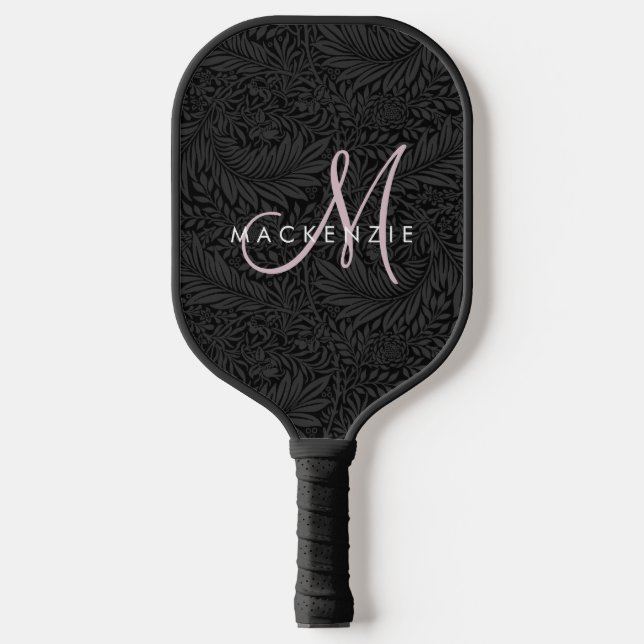 Elegant Modern Black Floral Pink Script Monogram Pickleball Paddle (Front)