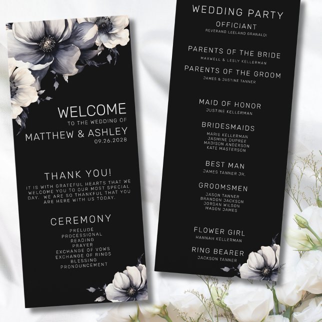 Elegant Modern Black Floral Wedding Programme (Elegant Modern Floral White Black Wedding Program)