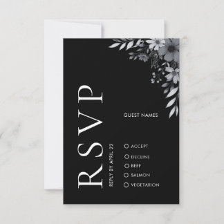 Elegant Modern Black Floral Wedding RSVP Card