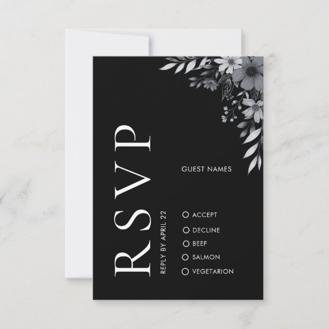 Elegant Modern Black Floral Wedding RSVP Card (Front)