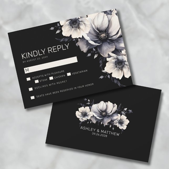 Elegant Modern Black Floral Wedding RSVP Card (Elegant Modern Black Floral Wedding RSVP Note Card)