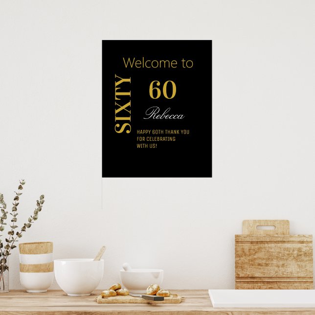 Elegant Modern Black & Gold 60th Birthday Backdrop Poster (Kitchen)