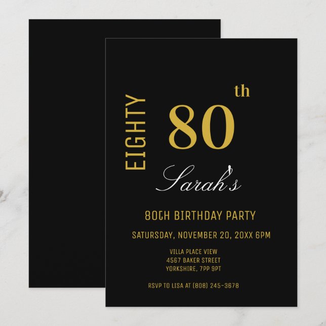Elegant Modern Black & Gold 80th Birthday  Invitation (Front/Back)