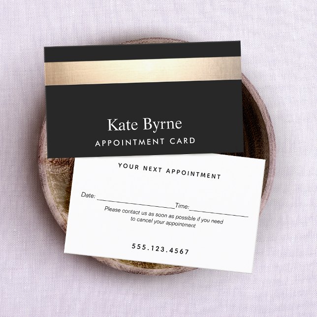 Elegant Modern Black Gold  Appointment Reminder Business Card (Business card appointment reminder with Simulated Gold foil stripe on back background)