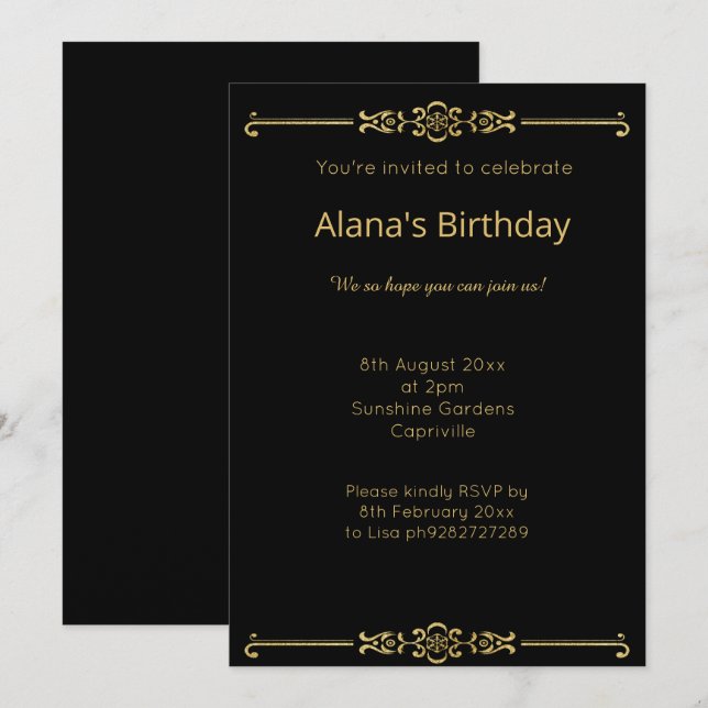 ELEGANT MODERN BLACK GOLD BORDER INVITATION (Front/Back)