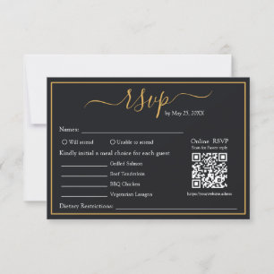Elegant Modern Black & Gold Border QR Code RSVP Card