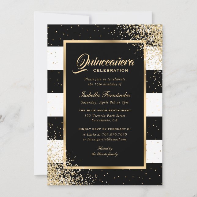 Elegant Modern Black Gold Confetti Quinceañera Invitation (Front)
