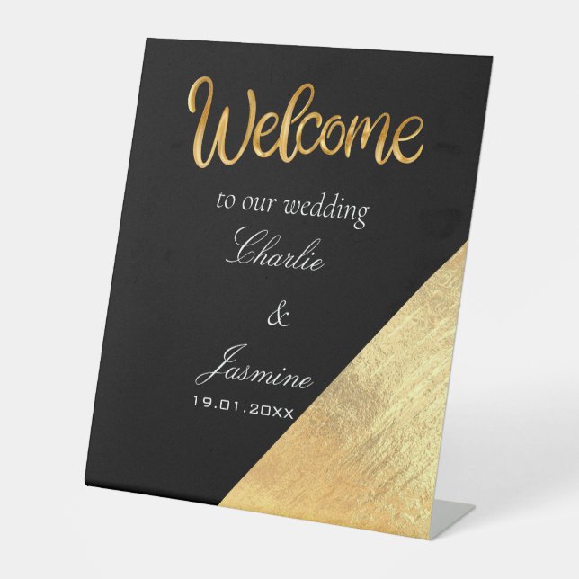 Elegant Modern Black & Gold Foil Wedding   Pedestal Sign (Front)