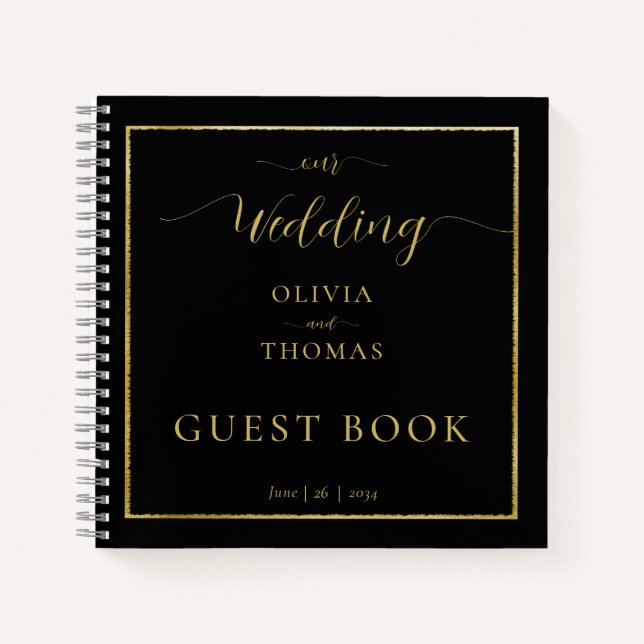 Elegant Modern Black Gold Frame Wedding Guest Book (Front)