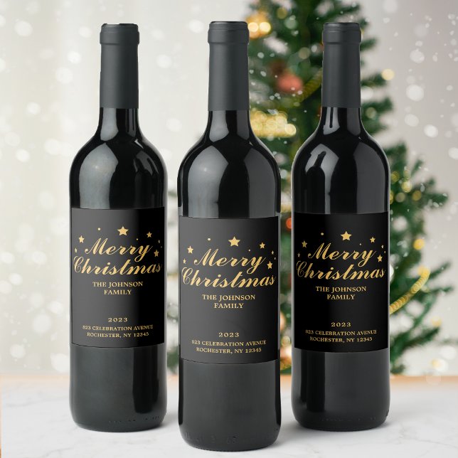 Elegant Modern Black Gold Merry Christmas Wine Label (Creator Uploaded)
