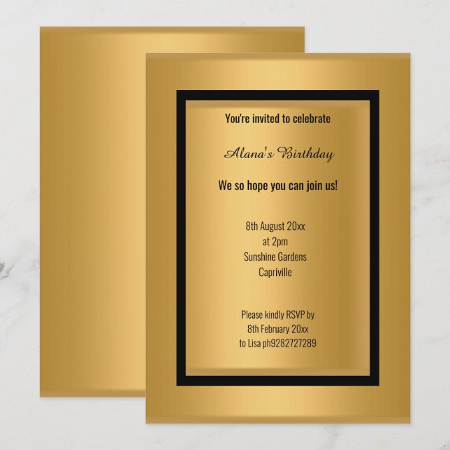ELEGANT MODERN BLACK GOLD METALLIC ALL OCASSION INVITATION (Front/Back)