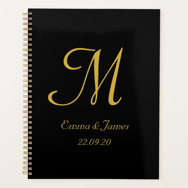 Elegant Modern Black Gold Monogram Script Wedding  Planner (Front)
