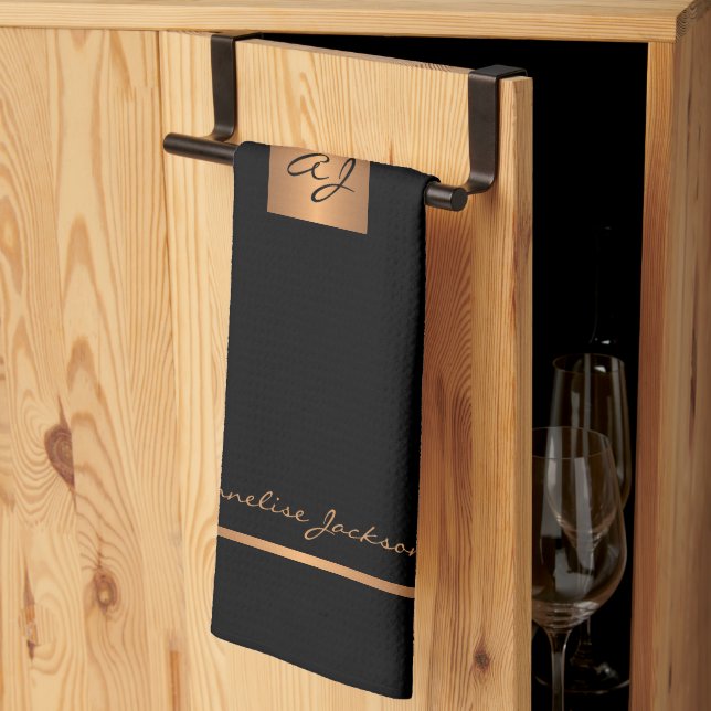 Elegant modern black gold monogrammed tea towel (Thirds Fold)