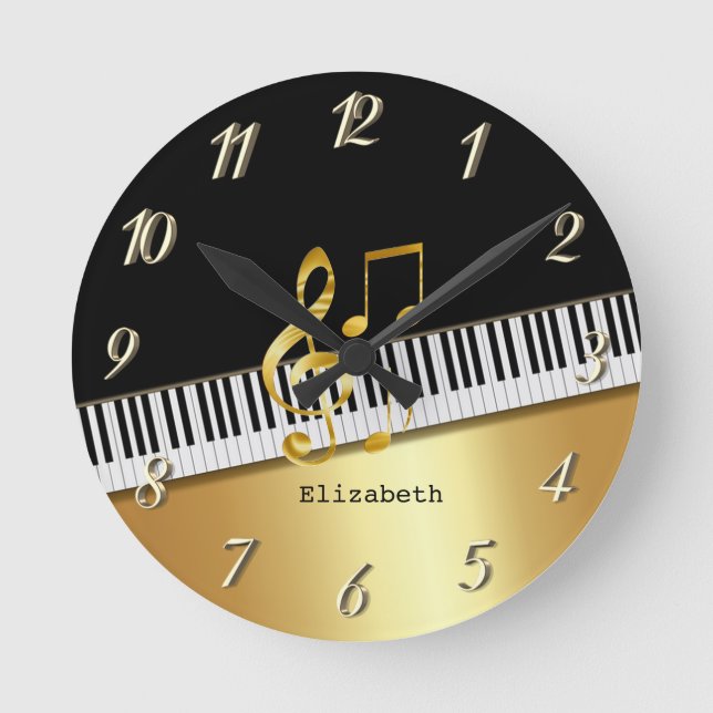 Elegant Modern Black Gold Music Notes,Piano Keys   Round Clock (Front)
