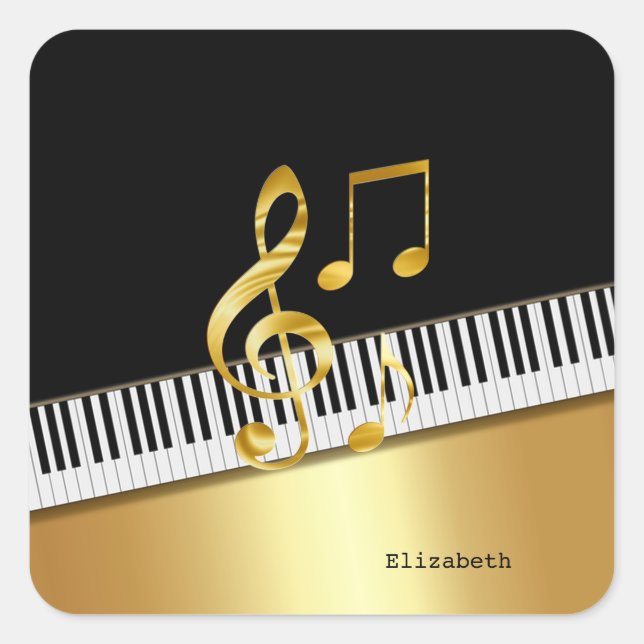 Elegant Modern Black Gold Music Notes,Piano Keys   Square Sticker (Front)