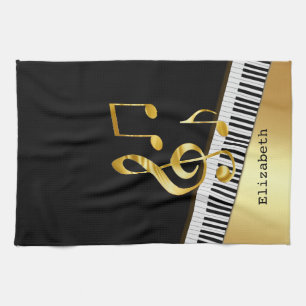 Elegant Modern Black Gold Music Notes,Piano Keys   Tea Towel