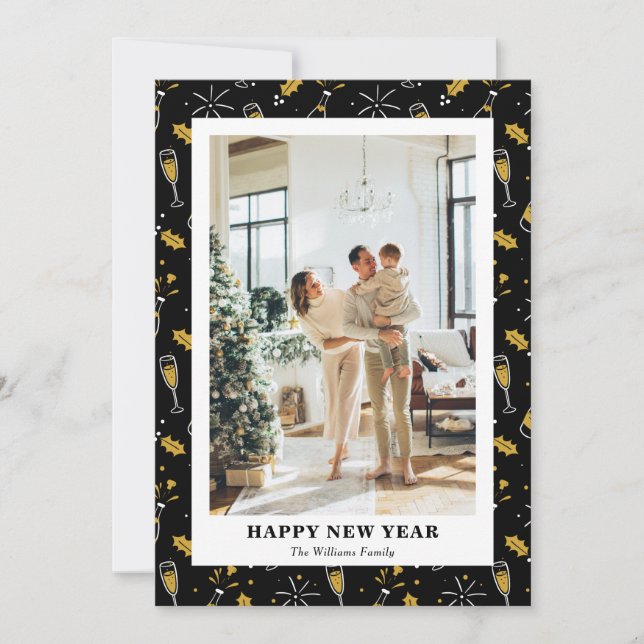 Elegant Modern Black Gold Photo New Year Card (Front)