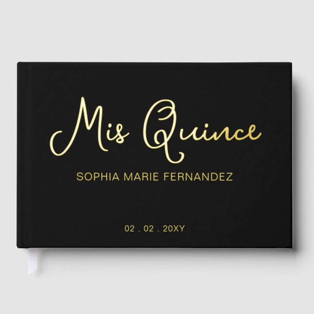 Elegant Modern Black Gold Photo Quinceañera Guest Book (Front)
