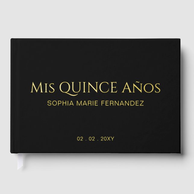 Elegant Modern Black Gold Photo Quinceañera Guest Book (Front)