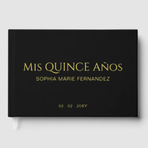 Elegant Modern Black Gold Photo Quinceañera Guest Book