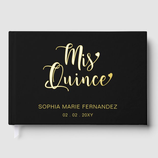 Elegant Modern Black Gold Quinceañera Guest Book (Front)