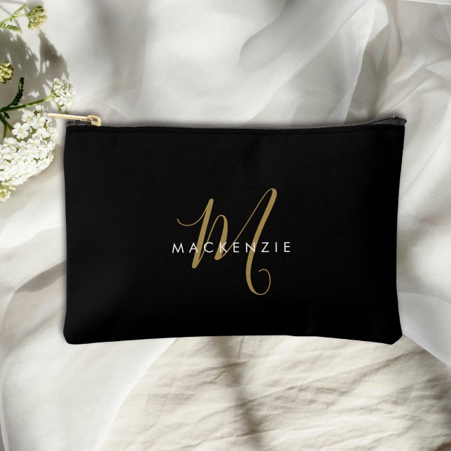 Elegant Modern Black Gold Script Monogram Accessory Pouch (Creator Uploaded)