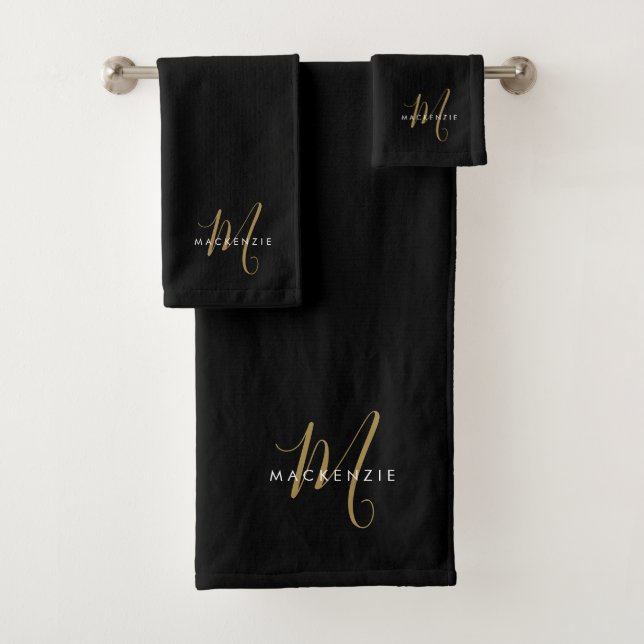 Elegant Modern Black Gold Script Monogram Bath Towel Set (Insitu)