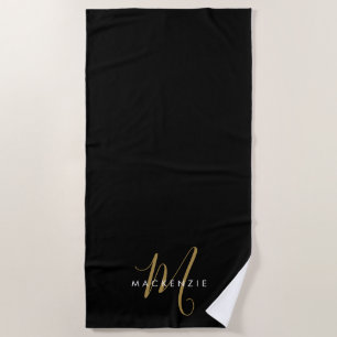 Elegant Modern Black Gold Script Monogram Beach Towel