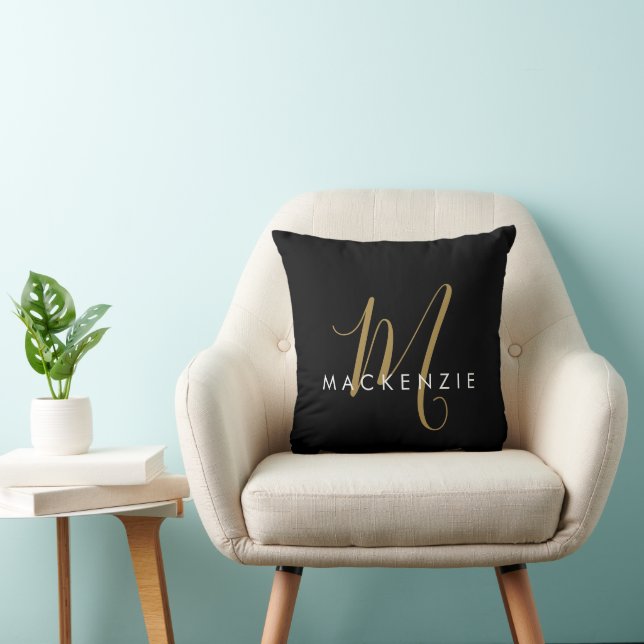 Elegant Modern Black Gold Script Monogram Cushion (Chair)