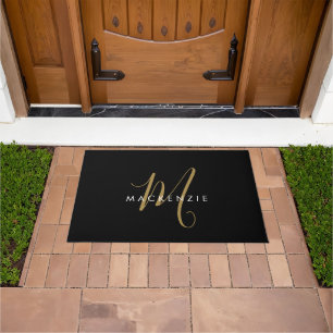 Elegant Modern Black Gold Script Monogram Doormat